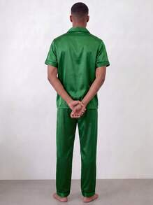 Snug League Two Pieces Sets Men's Pajamas With Open Button Top And Pants Set - Green - View 3