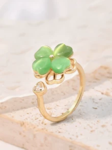 1 chiếc nhẫn xoay hình hoa màu xanh lá cây thanh lịch, tối giản, thời trang, phù hợp cho phụ nữ đeo hàng ngày, quà tặng. - Vàng - Xem 2