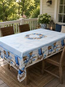1pc Coastal Beach Print Polyester Tablecloth, Starfish Shell Bicycle Beach Chair Pattern, Round/Rectangular Optional, Wavy Edge Wrinkle-Resistant Waterproof, Suitable For Kitchen Dining Room, Outdoor Garden Patio, Vacation Party And All-Season Home Decor - Baby Blue - View 5