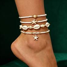 1 Set Beach Vacation Style Starfish & Shell Pendant Handmade Beaded Bracelet Set, Suitable For Holiday Travel - White Anklet 5 - View 5