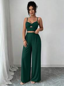Women's 2 Piece Outfits, Criss Cross Backless Halter Crop Top & High Waist Wide Leg Pants Set, Spring Summer Casual Matching Set For Vacation, Date Night, Beach Trips, Weekend Outings  Halloween Costume Women Cosplay - Green - View 5