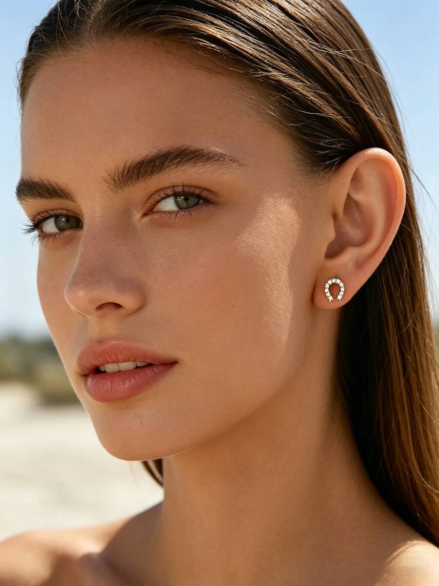 1 Pair U-Shaped Geometric Zirconia Stud Earrings, Suitable For Daily Wear, Commute, And Weddings - Gold - View 1