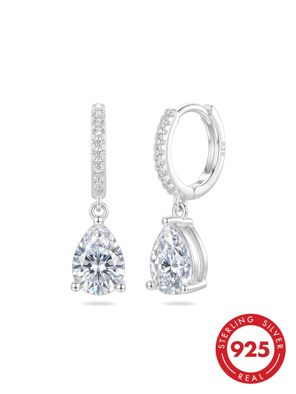 Bông tai bạc S925 đính đá Cubic Zirconia hình quả lê, mặt dây chuyền hình tròn đôi sáng bóng, không gây dị ứng cho tai xỏ lỗ, thích hợp đeo hàng ngày và dự tiệc, quà tặng cho phụ nữ.