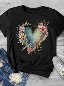 Blue Heart Surrounded By Wildflowers Symbolizing Serenity, Natural Love And Hope With Soft Tones That Evoke Harmony And Connection With Nature. Casual, Comfortable And Modern Women's T-Shirt - 黑色 - 查看 8