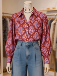 Casual Western Boho Floral Blouse - Women's Red Retro Medallion Print Top Featuring Classic Button Down Front And Fluid Lantern Sleeves Shirt - 玫紅色 - 查看 1