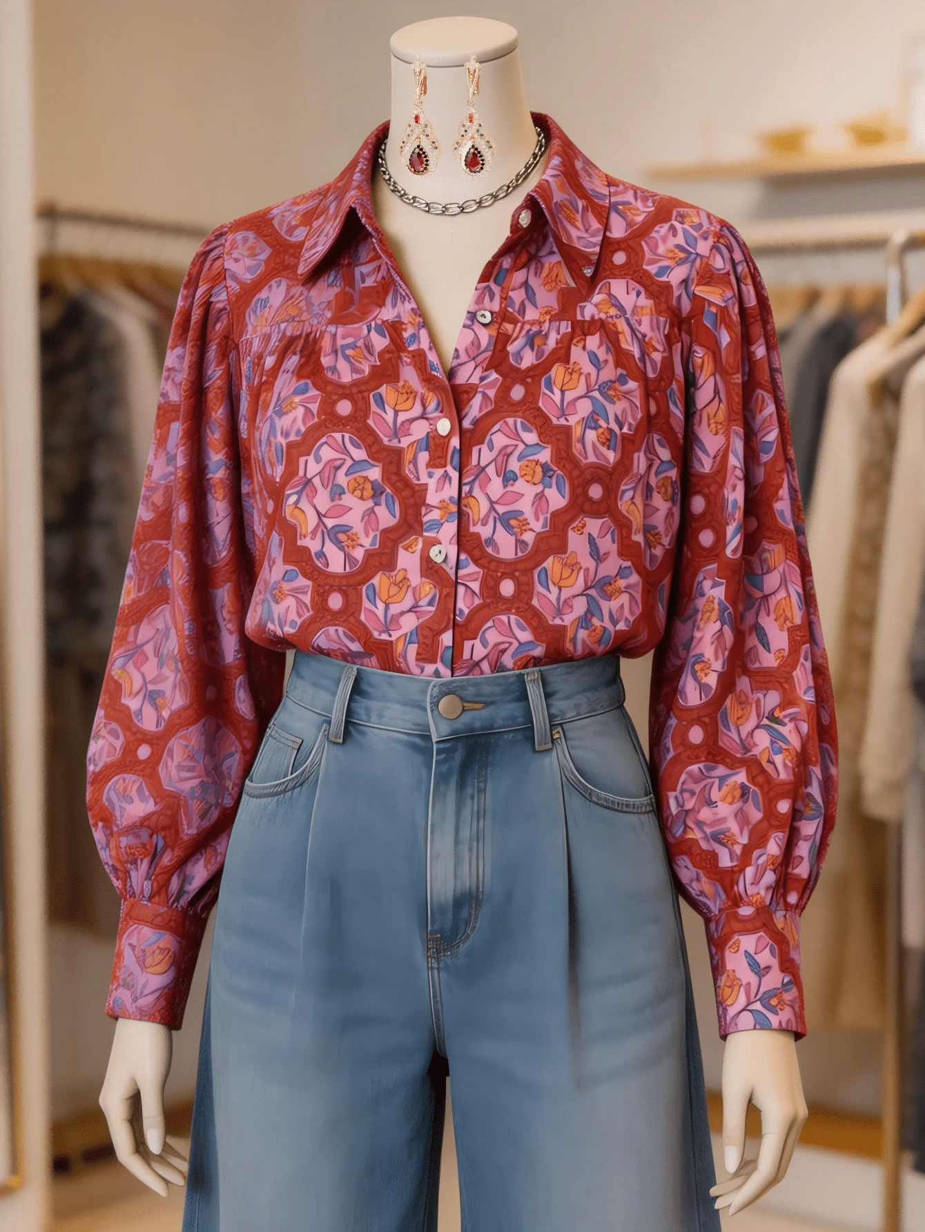 Casual Western Boho Floral Blouse - Women's Red Retro Medallion Print Top Featuring Classic Button Down Front And Fluid Lantern Sleeves Shirt - 玫紅色 - 查看 1