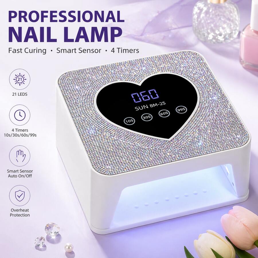 LIMEGIRL SUN BM-25 Bling Rhinestone Plug-In Nail Lamp - UV LED Gel Dryer With Heart-Shaped LCD Display & 4 Timers, Cute Design, Ideal Christmas/Birthday Gift For Girls