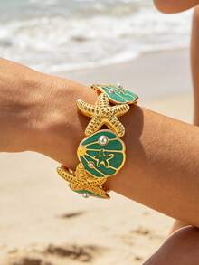 VceTd 1pc Vacation Style Enamel Craft Marine Life Design Stainless Steel Women's Bracelet Suitable For Beach Vacation Wear - Yellow Gold - View 4