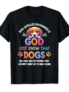 Inspirational Text Featuring A Colorful Dog Holding Bright Letters Expressing Love And Faith, Showing That Dogs Represent Loyalty And Divine Companionship, Reminding Us That We Never Walk Alone. Comfortable Casual Men's T-Shirt For Everyday Wear. - 黑色 - 查看 1