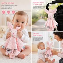 1pc Pink Bunny Baby Comforter With Teether & Satin Ribbon Tags, Soft Plush Comfortable Toy, Suitable For Newborn Baby Girls, Baby Shower Gift - Pink - View 6