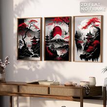 3幅日式风景艺术版画，红黑山峦与樱花帆布海报，可选无框或带框款式，现代东方风格客厅墙面装饰（多种选择） - 黑紅色 - 查看 15
