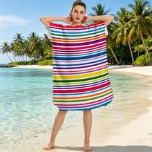 1pc Rainbow Striped Hooded Poncho, Changing Robe, Swimsuit Cover Up, Ultra-Soft Wearable Beach Towel, For Surfing, Swimming, Bathing, Outdoor Sports - Rainbow Stripes - View 2