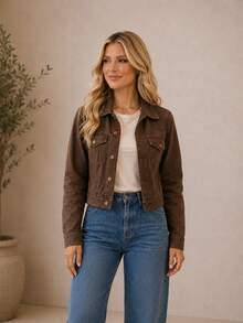 Women's Cropped Short Denim Jacket With Iron-On Button Hem - Mother's Day - 鏽棕色 - 查看 6