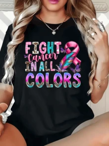 Symbols Of Strength And Hope With Pink Ribbon, Colorful Feather, And Butterflies Representing Struggle And Solidarity In Every Shade. Comfortable Casual Women's T-Shirt For Everyday Wear - 黑色 - 查看 1