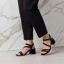 Geeyea A Pair Of Women's High-Heeled Sandals, Simple Chunky Heels, Made Of PU Leather, Featuring Multiple Thin Straps And An Ankle Strap Design. A Sophisticated Yet Casual Style, Suitable For Work Commutes, Summer Outings, And Everyday Wear. - màu đen - Xem 1