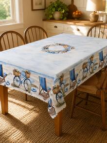 1pc Coastal Beach Print Polyester Tablecloth, Starfish Shell Bicycle Beach Chair Pattern, Round/Rectangular Optional, Wavy Edge Wrinkle-Resistant Waterproof, Suitable For Kitchen Dining Room, Outdoor Garden Patio, Vacation Party And All-Season Home Decor - Baby Blue - View 4