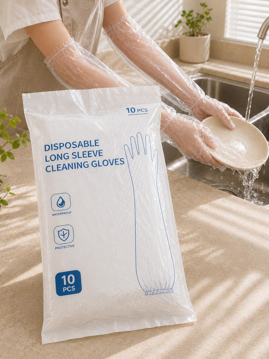 16pcs Set Of Extended And Thickened Disposable Gloves, Suitable For Kitchen Dishwashing And Household Use,, Long Arm, Long Sleeve, Transparent Plastic CPE Material, Suitable For Cleaning - 10Pcs - View 1