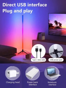 二合一USB落地灯，1000流明LED角灯，兼容SmartThings/Alexa/Matter，支持智能音乐同步，1600万色氛围灯，简约立式设计，适用于客厅、卧室、游戏室 - 三腳架 - View 9
