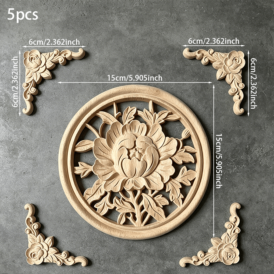 5pcs Solid Wood Carving Inlaid Round Decals, Corner Flowers, Home Decorations, Suitable For Cabinets, Doors And Windows, Furniture, Background Walls, Porches, Offices And Other Decorations, Holiday Decorations, DIY Decorations. - Solid Wood Carved Round Floral Pattern (5pcs) - View 14