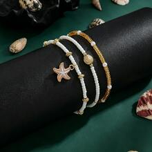 一套手工串珠手链，配有海星和贝壳吊坠，适合海滩度假 - 白色腳鍊3 - 查看 3