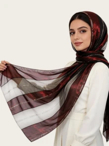 1pc Women's Chiffon Fashionable Elegant Muslim Hijab Headscarf, Patchwork Printed Design With Rhinestone Craftsmanship, Middle Eastern Style Long Scarf - Gold-stamped Rhinestone-embellished Long Scarf In Multiple Colors - View 2