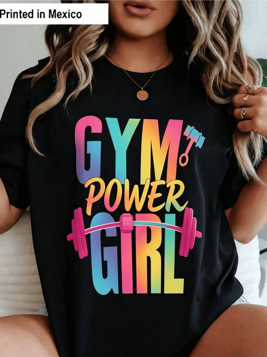 Frase motivadora GYM POWER GIRL con letras de colores vibrantes representa la fuerza y energía femenina en el entrenamiento diario camiseta de mujer cómoda casual moderna - Negro - Ver 1