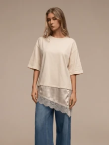 HZXVIC Camiseta recta de cuello redondo con dobladillo asimétrico y encaje de contraste para mujer - Beis - Ver 2
