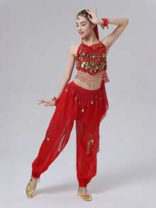 Belly Dance Costume: Gold Coin Spaghetti Strap Top + Harem Pants + Headscarf, Suitable For Performance, Halloween And Theme Parties (Multiple Colors Available) - Multicolor - View 12