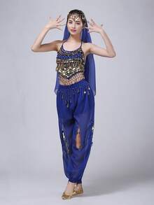 Belly Dance Costume: Gold Coin Spaghetti Strap Top + Harem Pants + Headscarf, Suitable For Performance, Halloween And Theme Parties (Multiple Colors Available) - Multicolor - View 19