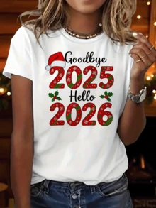 ¡Adiós 2025, ¡Bienvenido 2026! Camiseta gráfica navideña festiva, camiseta casual de manga corta con cuello redondo perfecta para verano y primavera, ropa de mujer - [Blanco] - Ver 6