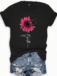 Vibrant Pink Flower Symbolizing Inner Strength And Hope That Blooms Even In Difficult Times, With Scattered Petals Representing Resilience. Comfortable, Modern Casual Women's T-Shirt For Everyday Wear. - 黑色 - 查看 8