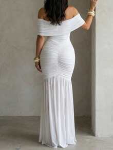 ChicMe Women's Off-Shoulder Ruched Maxi Dress, Sleeveless Fitted Mermaid Cocktail Party Gown - White - View 4