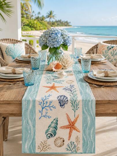 1pc Coastal Starfish & Shell Printed Linen Table Runner, Beach Theme Coral Design Table Runner, Nautical Home Decor With Wave Border, Suitable For Kitchen, Dining Room, Patio And Summer Party