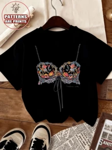 Motivo de corsé bordado con flores coloridas que simbolizan la libertad femenina la confianza y la energía creativa inspirando autenticidad y elegancia contemporánea camiseta de mujer casual moderna - Negro - Ver 8