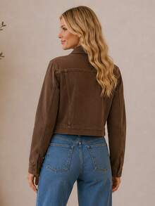 Women's Cropped Short Denim Jacket With Iron-On Button Hem - Mother's Day - 鏽棕色 - 查看 2