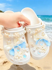 18 pièces/set Accessoires multicolores pour chaussures (nœud dégradé de perles, étoile de mer, coquillage, fleur) Mignon et doux, convient pour les chaussures, sandales, tongs, chaussures de plage, chaussures de jardin des femmes au printemps/été. Accessoires décoratifs DIY, article de mode idéal, cadeau pour les vacances/anniversaire/fête - Multicolore - Voir 1