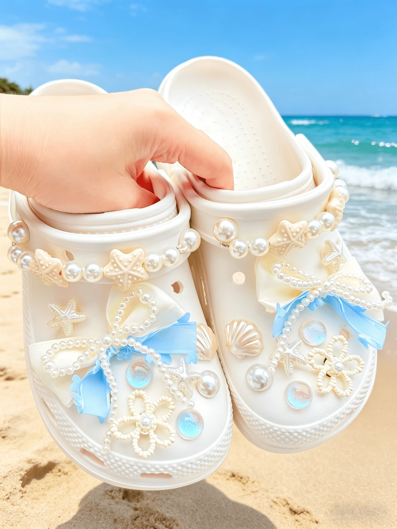 18 pièces/set Accessoires multicolores pour chaussures (nœud dégradé de perles, étoile de mer, coquillage, fleur) Mignon et doux, convient pour les chaussures, sandales, tongs, chaussures de plage, chaussures de jardin des femmes au printemps/été. Accessoires décoratifs DIY, article de mode idéal, cadeau pour les vacances/anniversaire/fête - Multicolore - Voir 1
