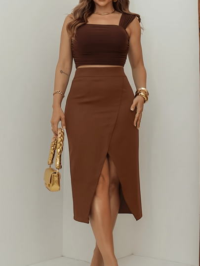 Saia midi elegante de poliéster com fenda para mulher, tecido sem elasticidade