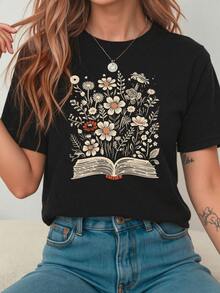An Open Book From Which Flowers And Leaves Sprout Symbolizes The Power Of Knowledge That Makes The Mind And Soul Flourish. Women's Casual T-Shirt With An Elegant And Comfortable Artistic Print - 黑色 - 查看 8