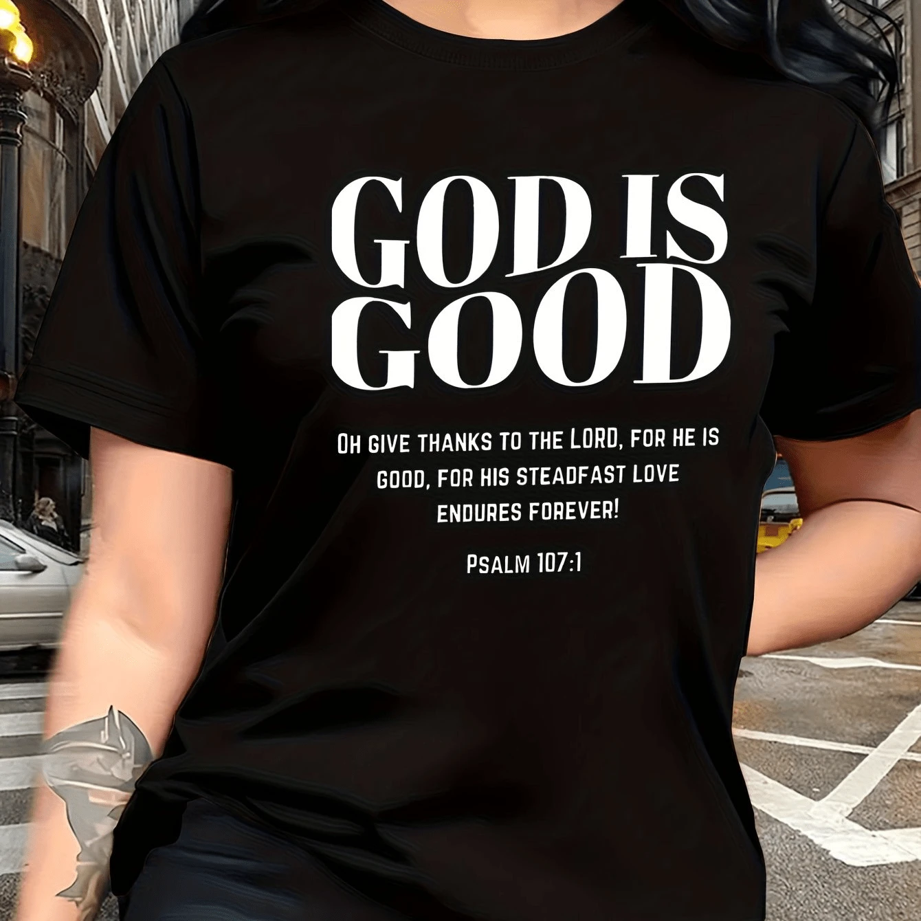 Highlighting The Goodness Of God, The Modern And Fashionable 'GOD IS GOOD' Letter Print Short-Sleeve T-Shirt Is An Easy-To-Wear Casual Crew Neck Tee, Ideal For Leisure Time Such As Travel And Holidays - 黑色 - 查看 1