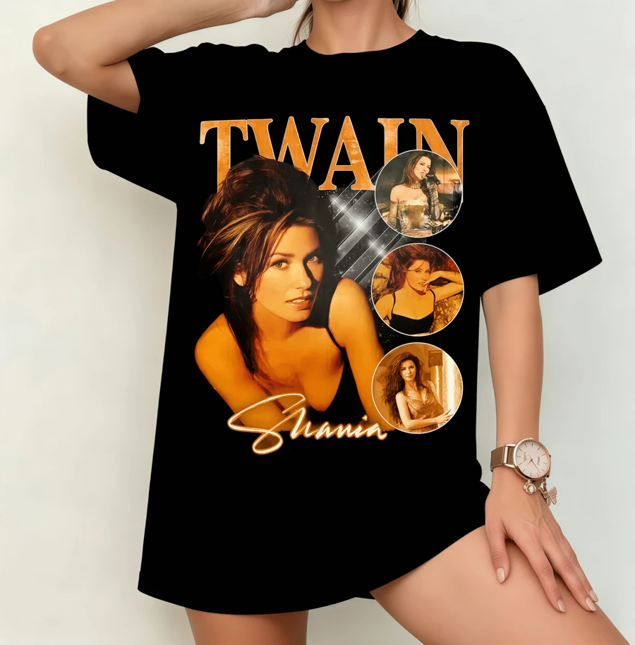 Shania Twain Retro Country T-shirt | Könsneutral Storstorlek Musiklegend Fantröja Svart - Svart - Visa 1