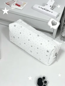 1pc White Star Canvas Pencil Case, Simple & Spacious Stationery Pouch For Girls - Multicolor - View 3