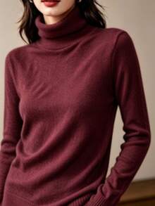 Women's High Neck Knit Blouse, Cacharreal Size, M - 酒紅色 - 查看 1