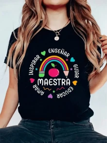 Rainbow Surrounded By Hearts And Educational Symbols Representing Inspiration, Teaching, And Love For Students, With The Word "Teacher" In The Center Highlighting Teacher Pride. Comfortable Casual Women's T-Shirt For Everyday Wear - 黑色 - 查看 8