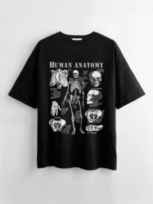 Detailed Graphics Of The Human Skeleton Showing Bones And Skull With Scientific Names And Educational Illustrative Text Highlighting The Complexity Of The Body. Comfortable Casual Women's T-Shirt For Everyday Wear - 黑色 - 查看 8