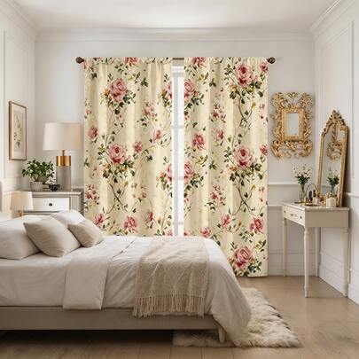 2pcs Vintage Pink Rose Floral Print Curtains, Watercolor Cascading Rose Vines And Emerald Leaves On Cream Background, Romantic Botanical Design, 100% Polyester Rod Pocket 2 Pieces Curtain Set, Unlined, Ideal For Bedroom, Living Room And Dining Room Decor