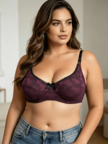 1pc Purple Minimalist Sexy Semi-Sheer Underwire Lace Trim Adjustable Strap Plus Size Bra - Purple - View 4