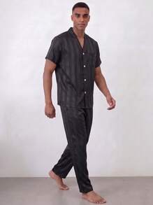 Snug League 2pcs Men's Satin Striped V-Neck Short Sleeve Top And Pants Pajama Set, Suitable For All Seasons - Black - View 8