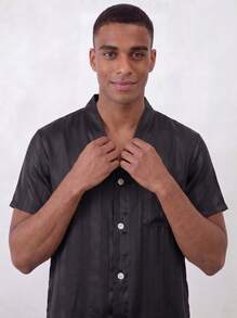 Snug League 2pcs Men's Satin Striped V-Neck Short Sleeve Top And Pants Pajama Set, Suitable For All Seasons - Black - View 5