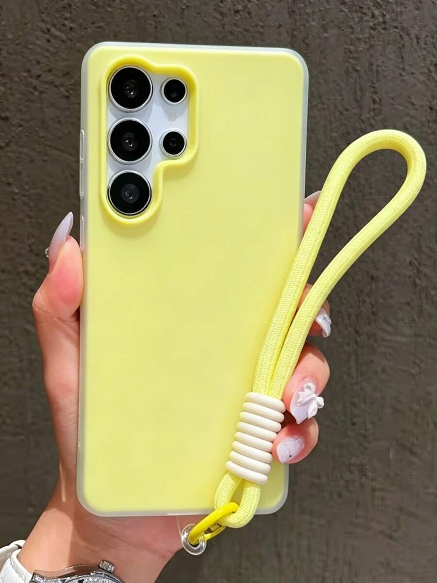 時尚可愛磨砂糖果色手機殼，適用於 Galaxy S26Ultra S26Plus S25Ultra S24Ultra S23Ultra S26 S25 S24 S23 Plus，奢華 2 合 1 手腕掛繩防震後蓋 - 黃色 - 查看 1